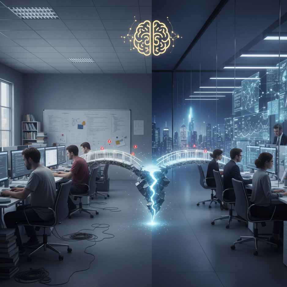 Split-screen office showing traditional developers on left and AI-enhanced workspace with holographic displays on right, divided by glowing brain icon